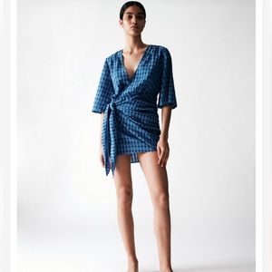 Zara Double Breasted Mini Dress Blue Checkered Wrap size XL